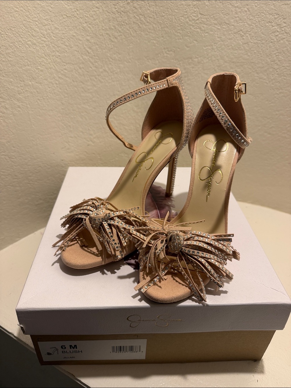 Jessica Simpson Blush Crystal Tassel Ankle-Strap Heels
